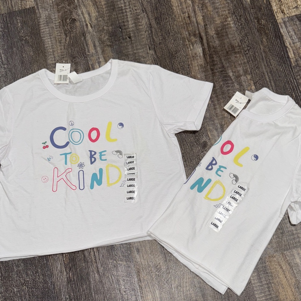 (2) White 'Cool to Be Kind' Cropped Graphic T-Shirt. Youth Large NWT